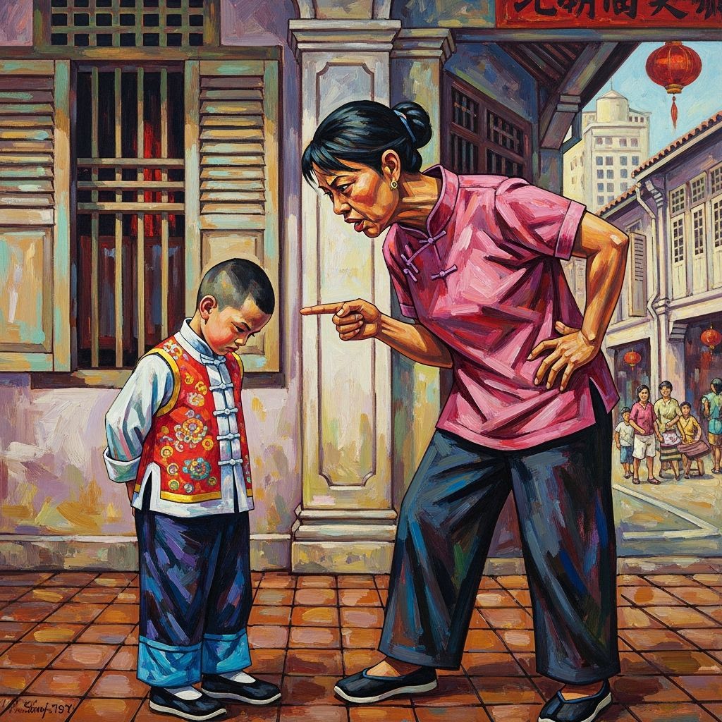 Singaporean Boy Scolded by Mother: Vibrant Painting