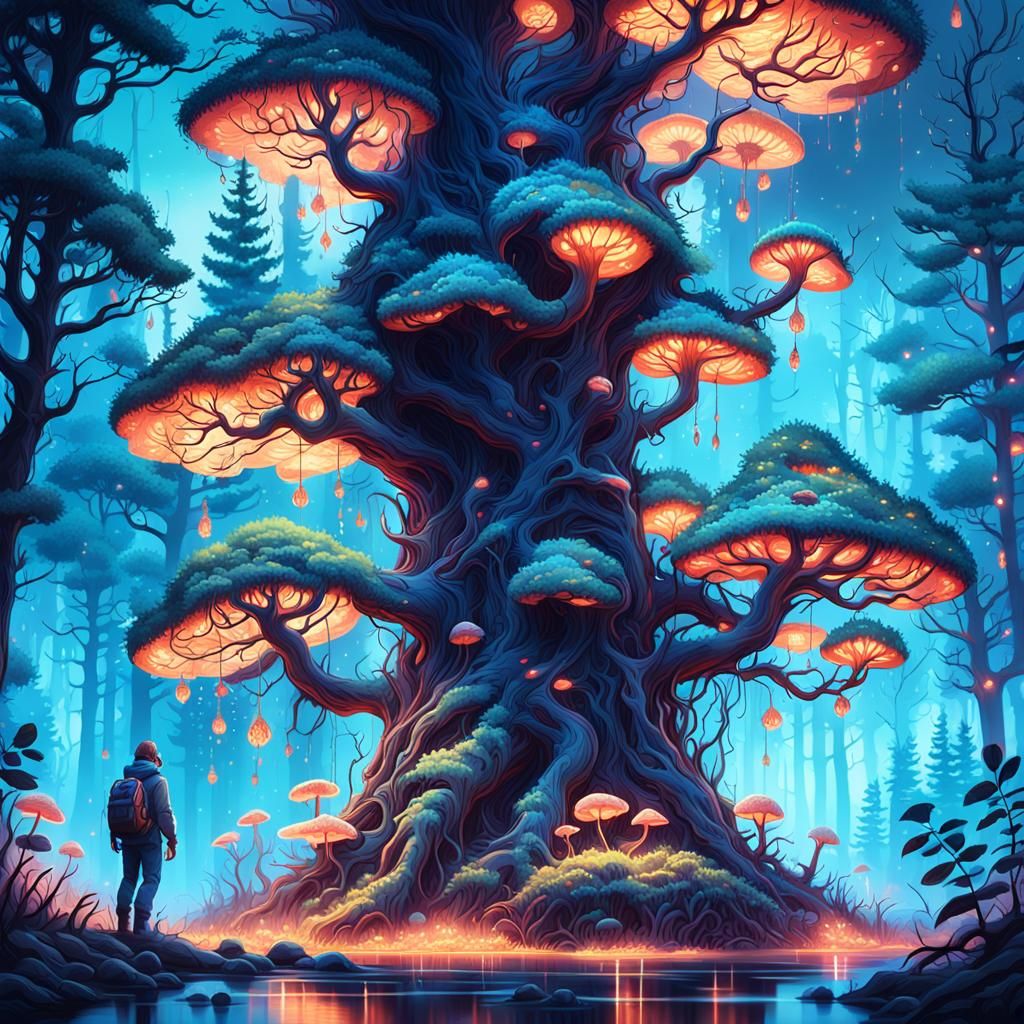 Mystical Forest Creature Climbing Glowing Tree