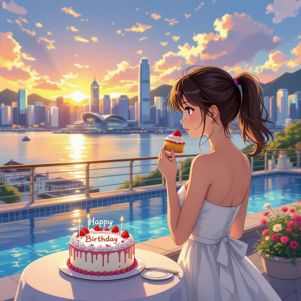 Schoolgirl Enjoys Cake Atop Hong Kong Hotel at Sunset