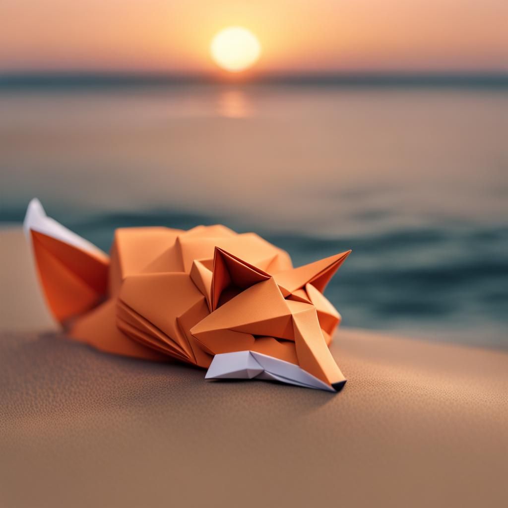 Origami Fox Contemplates Sunset on Paper Beach