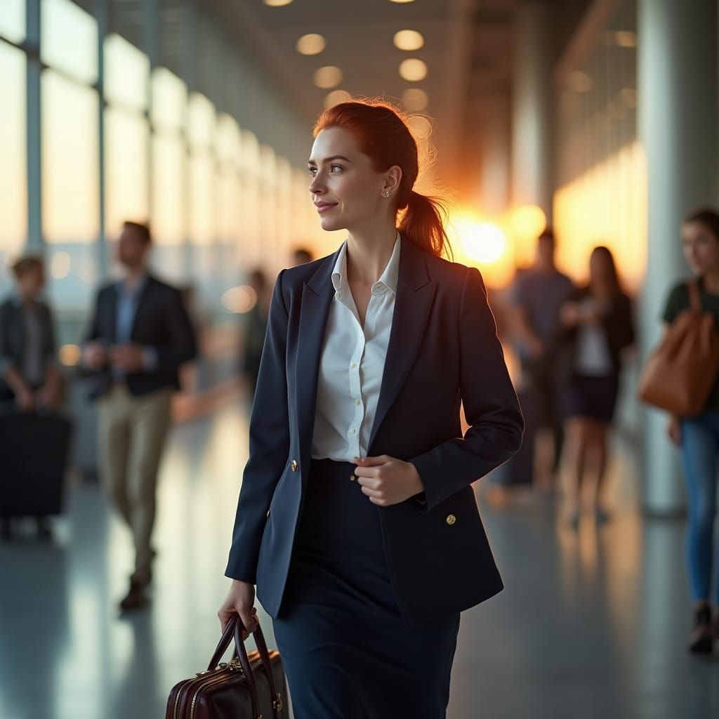 Red-Haired Professional Strides Through Airport Terminal