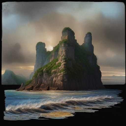 Ethereal Island in Mist: Impressionist Gouache Masterpiece