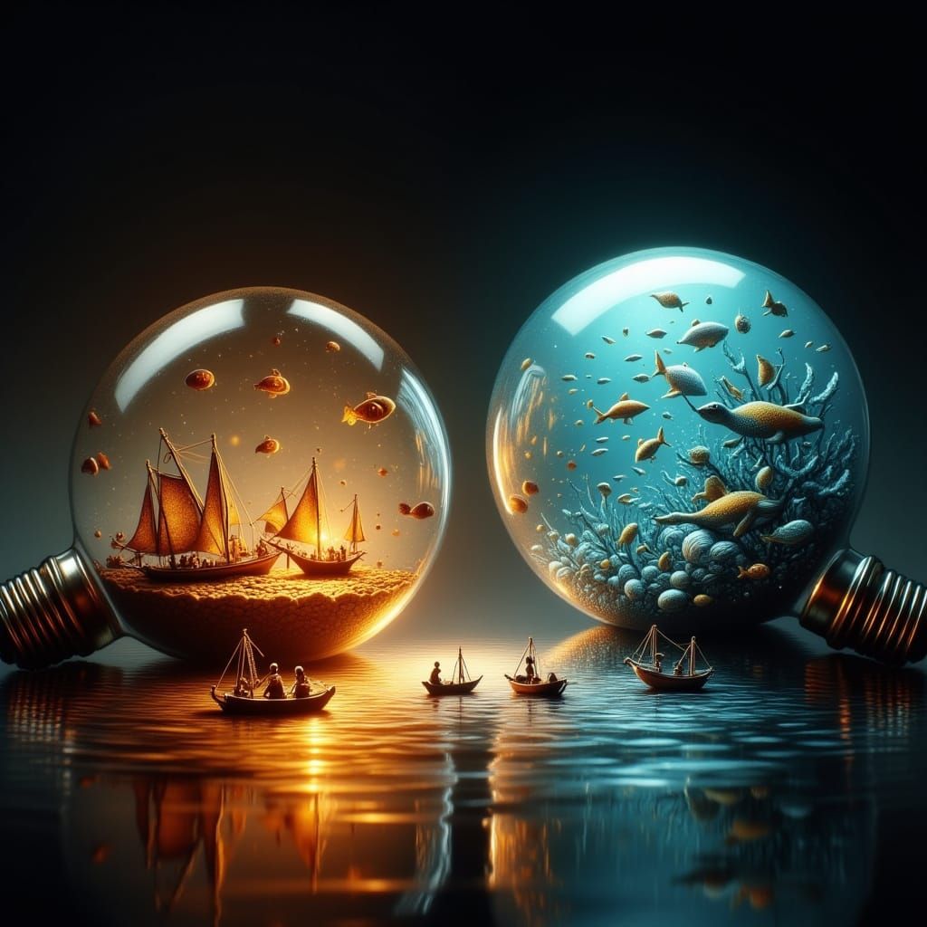 Dreamlike Light Bulbs Reflecting Miniature Worlds