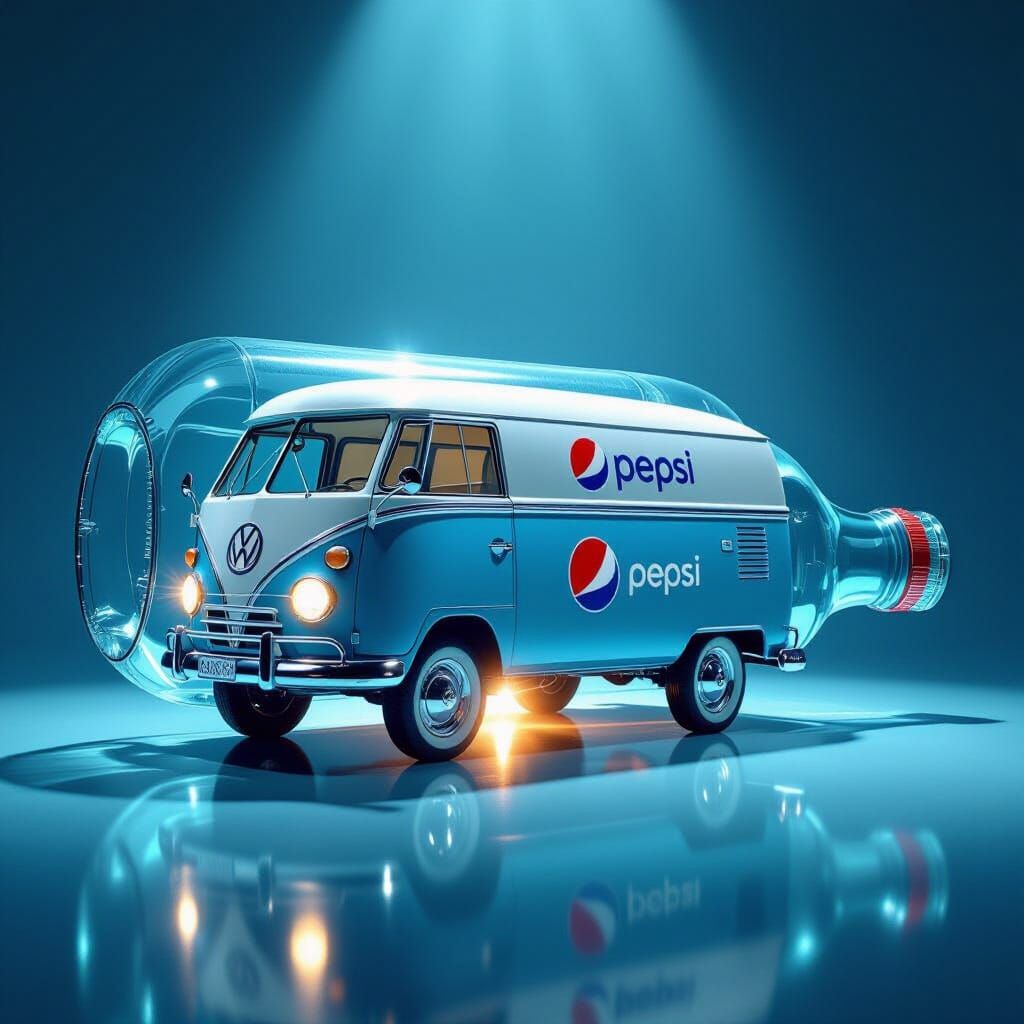 Vintage Ford Van Inside Pepsi Bottle, Surreal Matte Painting