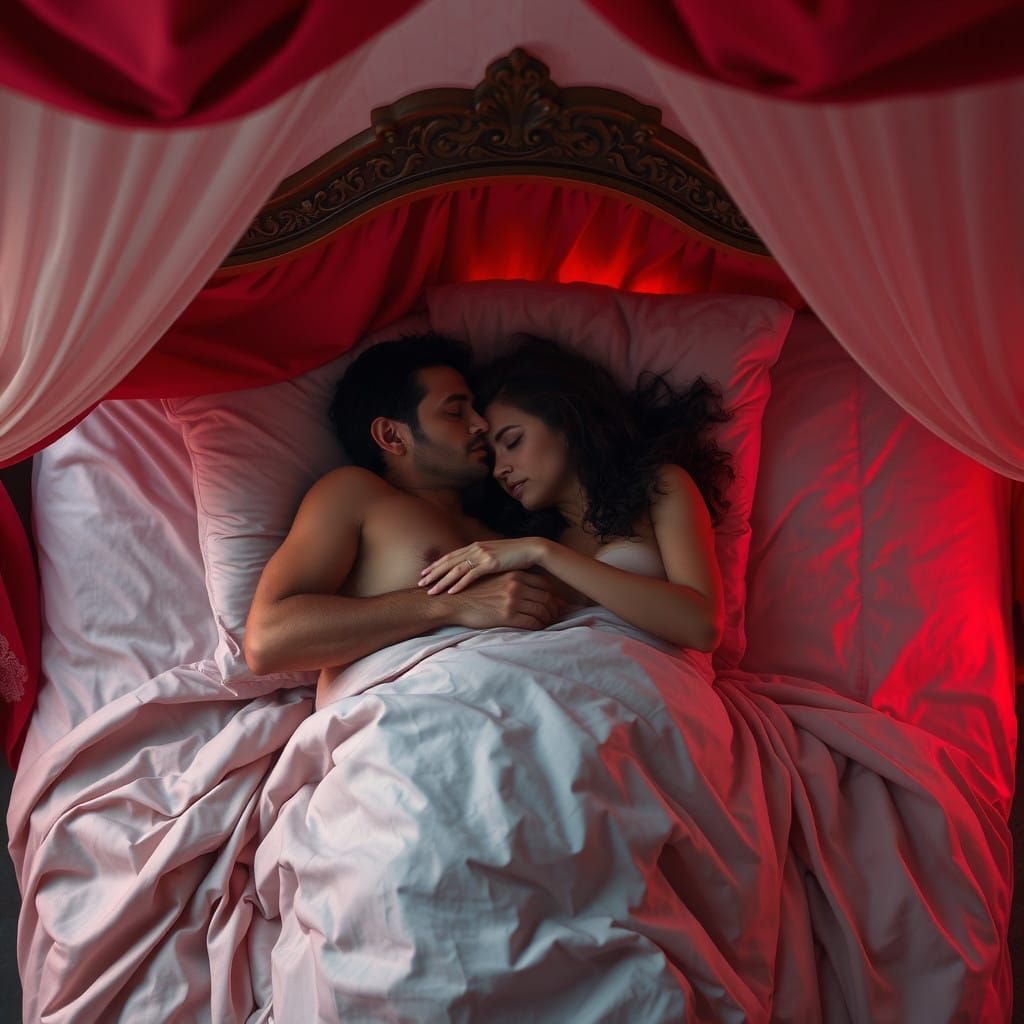 Couple Embraces in Intimate Bedroom Scene