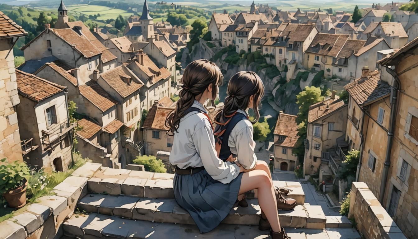 Anime Girl Overlooking French Village in Watercolor