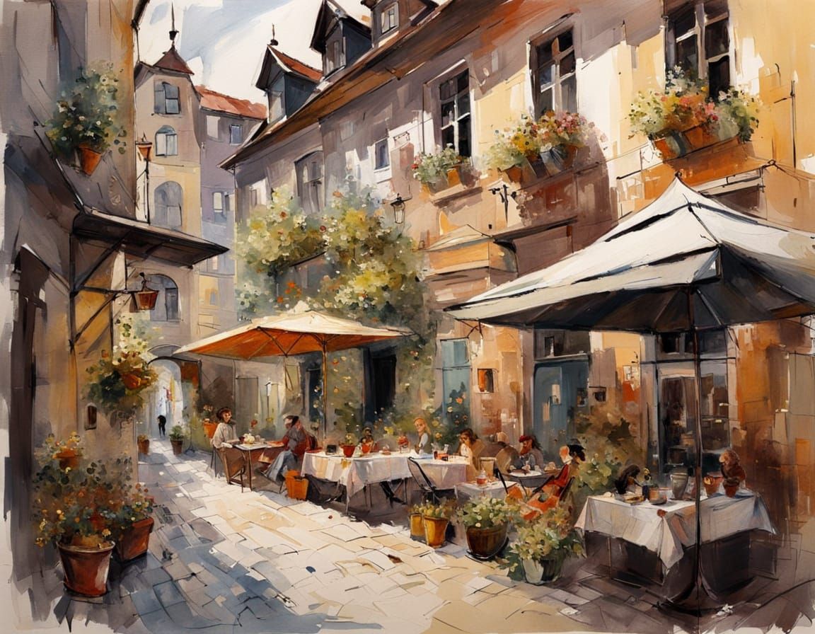 German Old Town Courtyard Scene in Whimsical Art Style