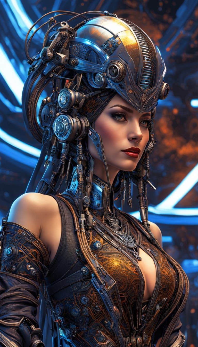 Glowing Fembot Pirate in Futuristic Blue Hues