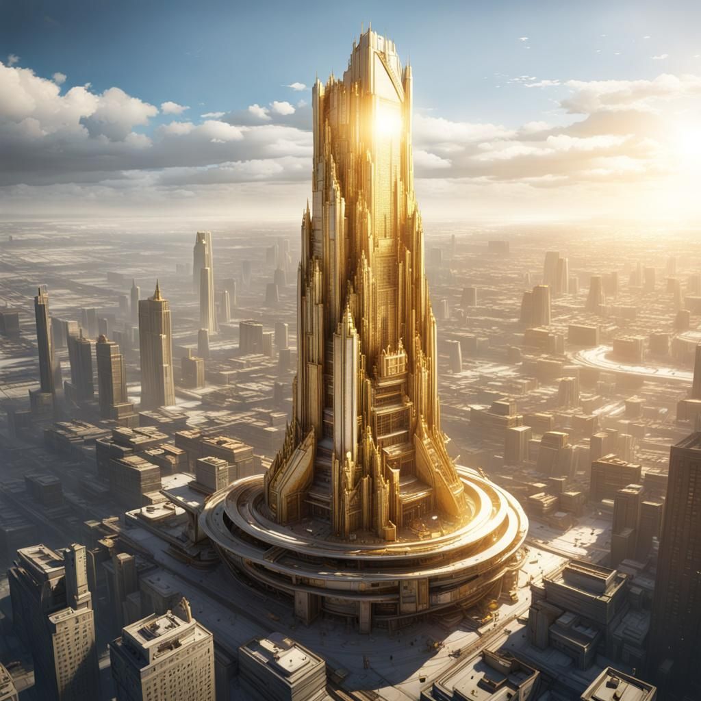 Golden Futurepunk Tower in a Glimmering City