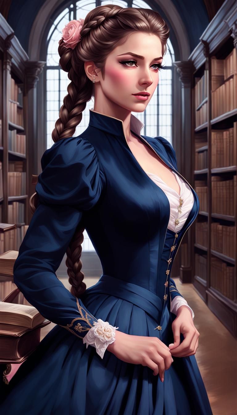 Woman in Navy Gown in Art Nouveau Style