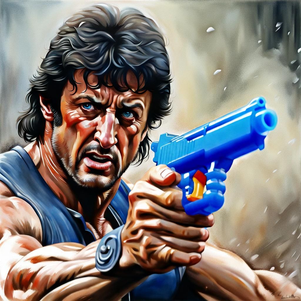 Photorealistic Rambo with Blue Water Pistol