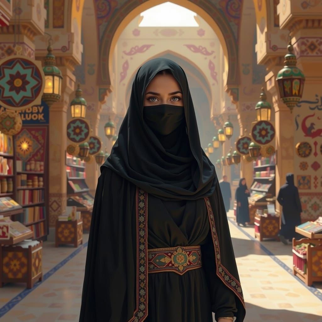 Elegant Woman in Abaya and Mask in Middle Eastern Market