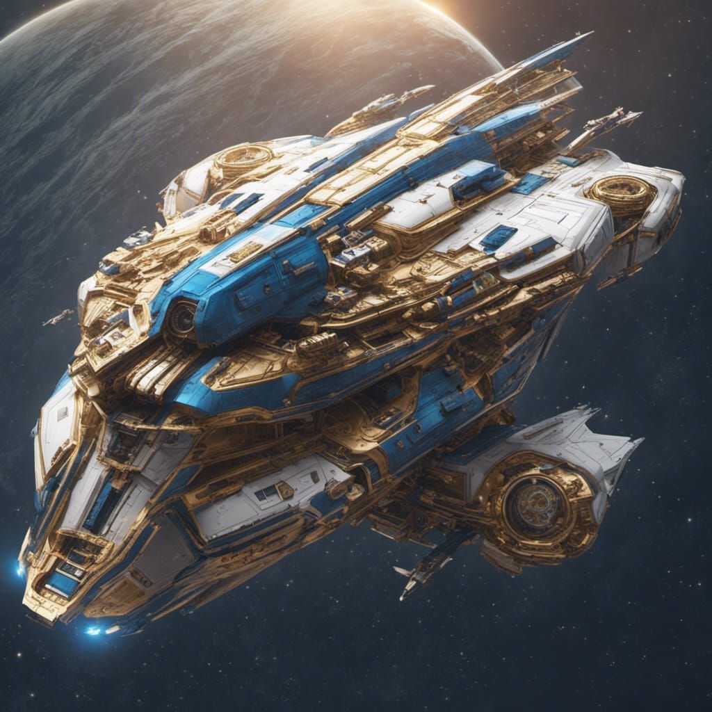 Elegant Blue and Gold Spaceship in Space