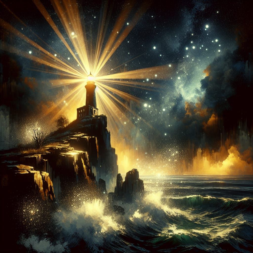 Lighthouse at Night: Chiaroscuro Ink and Alcohol Painting