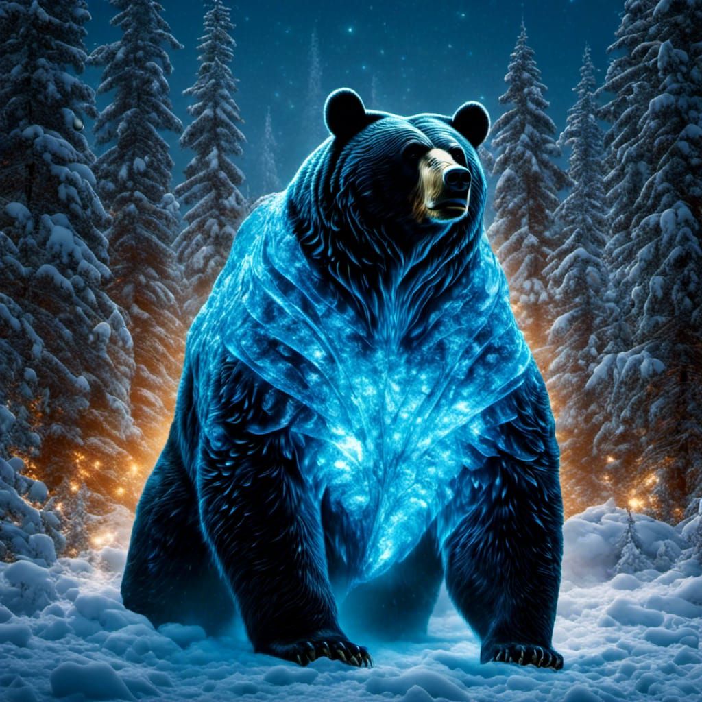 Vantablack Ice Bear in Neon Blue, Hyperrealistic Photo