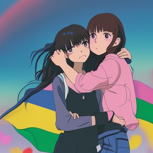 Teenage Girls Hugging with Pride Flag, Anime Style