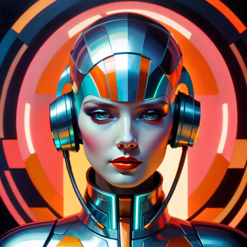 Hyperdetailed Android Woman in Retrofuturism Style