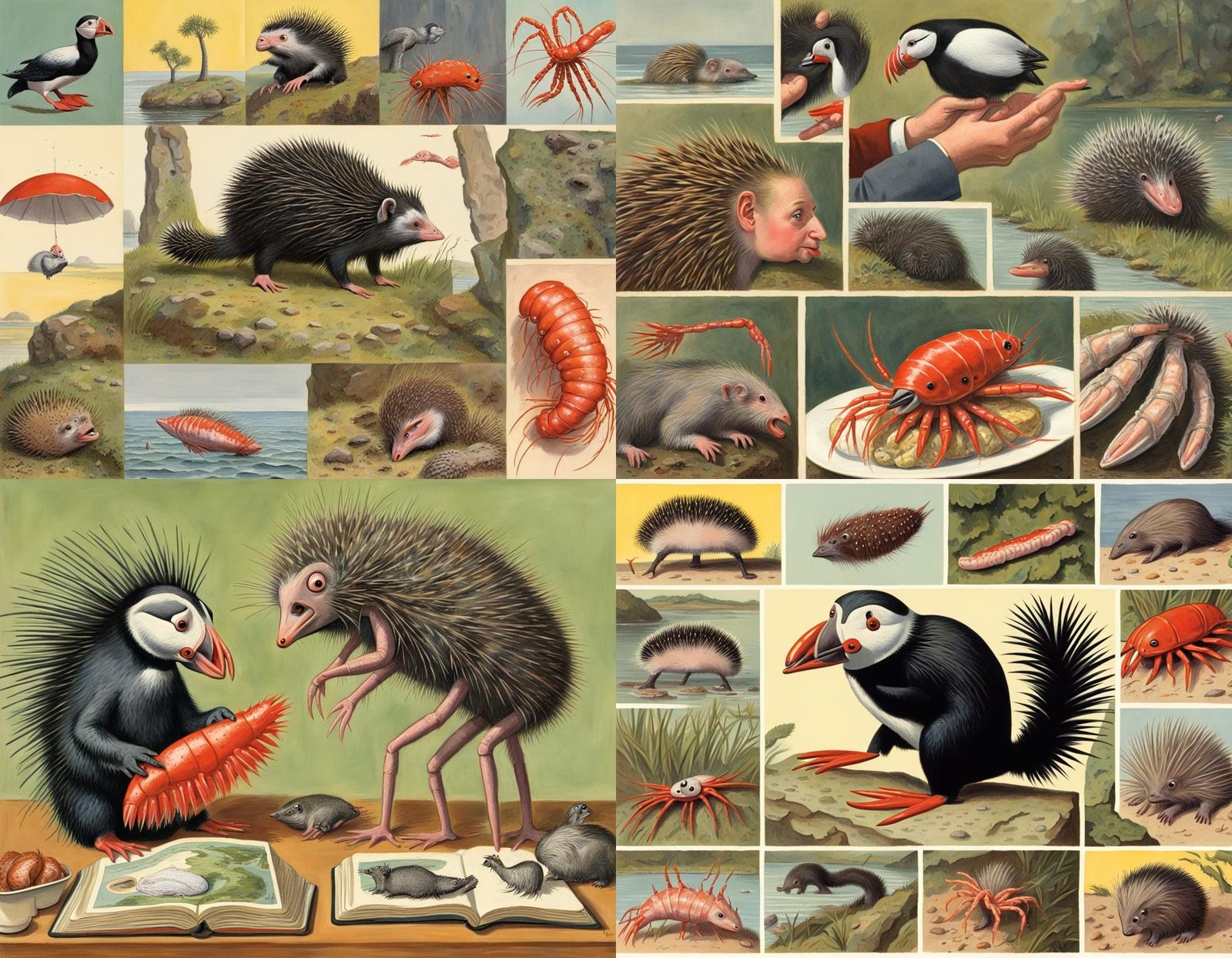 Ladybird Book Style Puffin, Prawn, and Porcupine