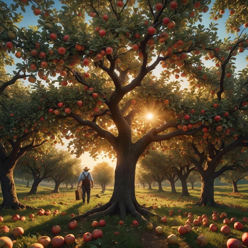 Sunset Apple Orchard Fantasy Landscape in Matte Painting