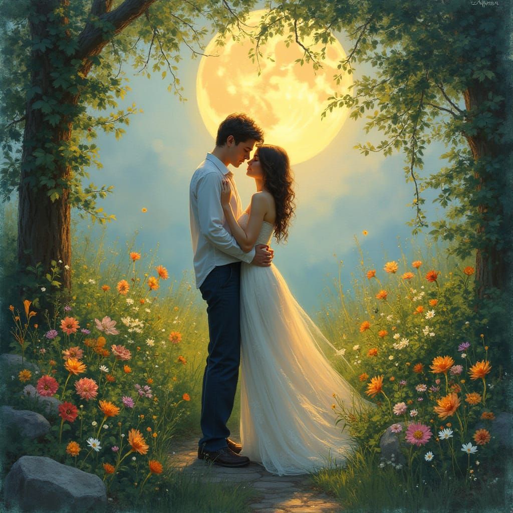 Impressionistic Couple Embrace in Moonlit Garden