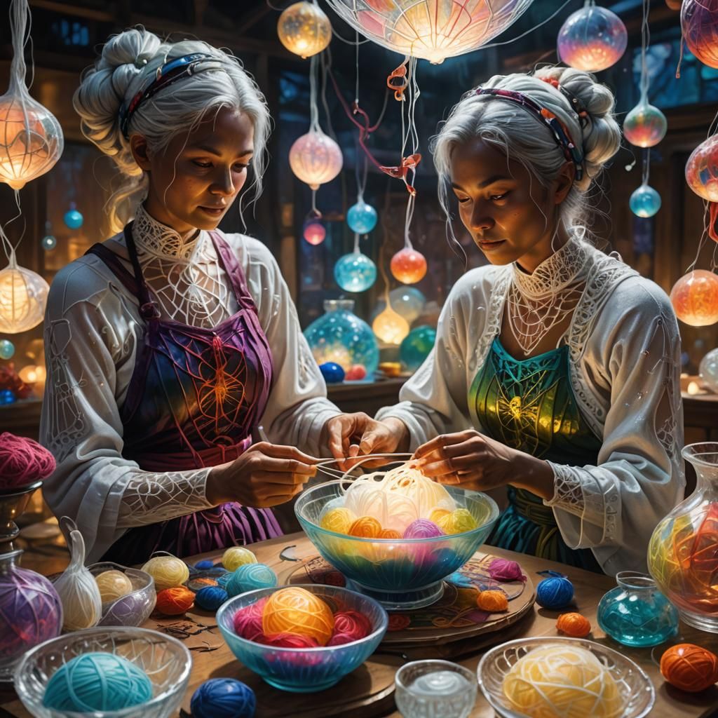 Arachnid Women Dyeing Yarn: Fantasy Art in Rutkowski Style