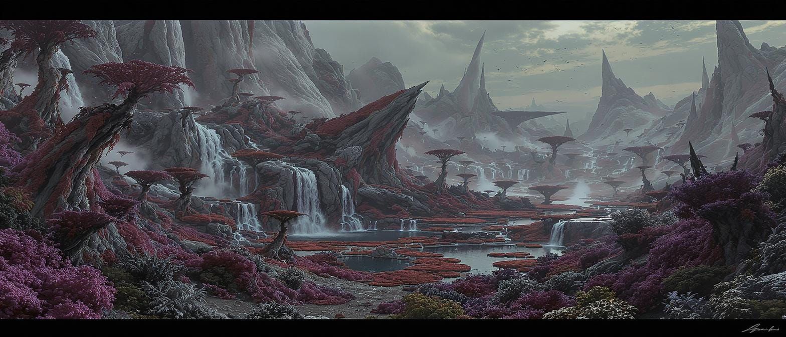 Otherworldly Alien Landscape with Acidic Plant Life