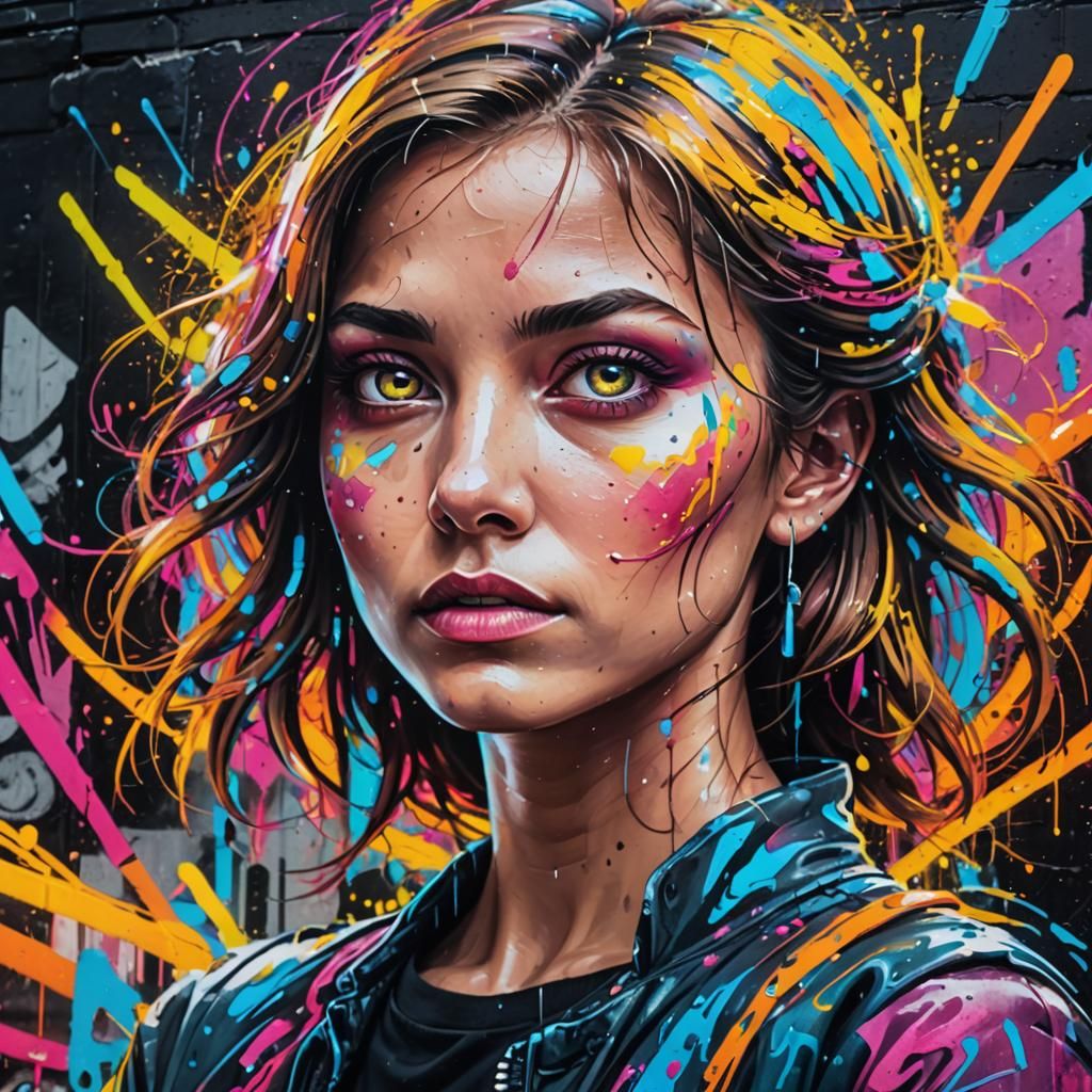 Intense Gaze: Woman in Vibrant Street Art Style