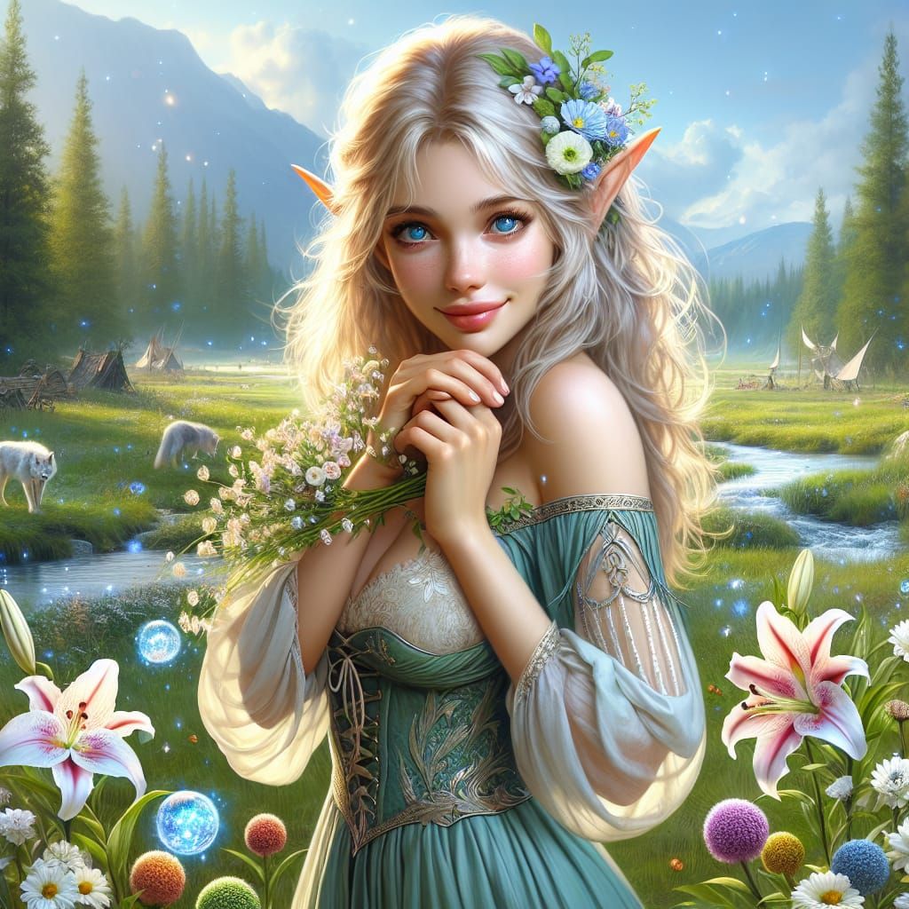 Elf and Wolf in Grassy Meadow Fantasy Art