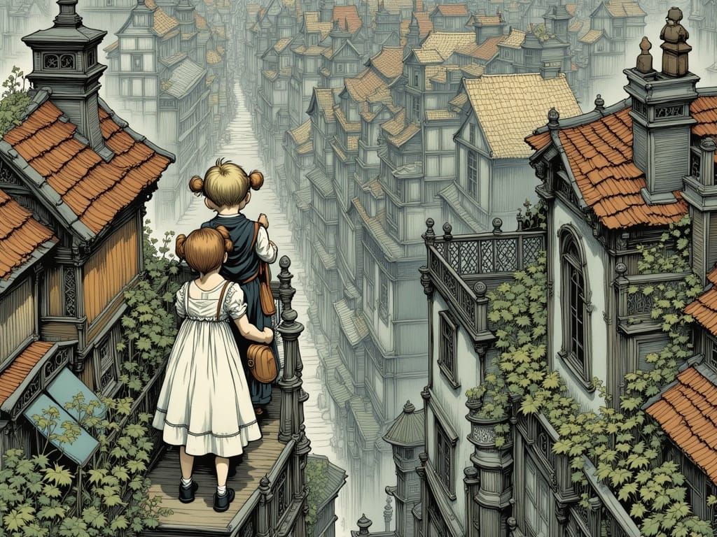 Whimsical Siblings Gaze Down from Enchanted Rooftop Oasis