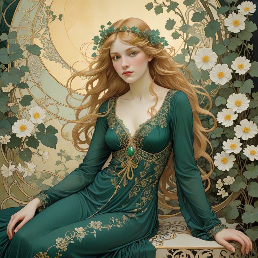 Sculptural Art Nouveau Goddess in Emerald Garden