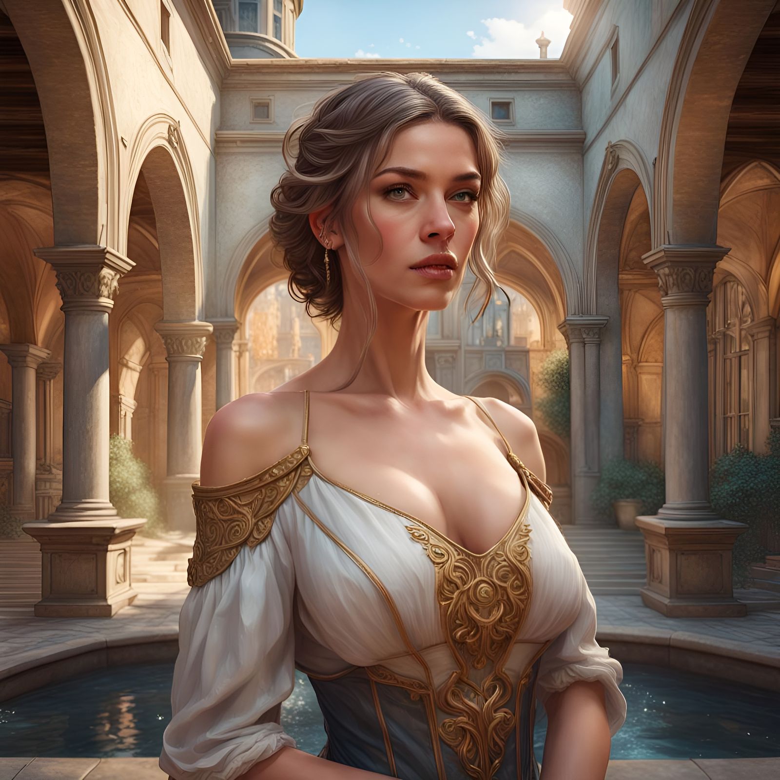 Woman in Castle Courtyard: Art Nouveau Portrait