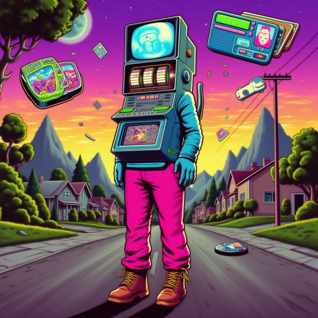 Pixelated Person with Slot Machine Head