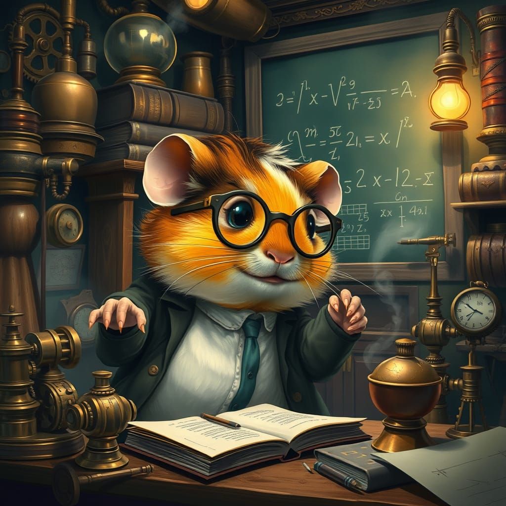 Steampunk Guinea Pig Professor Examines Complex Equation