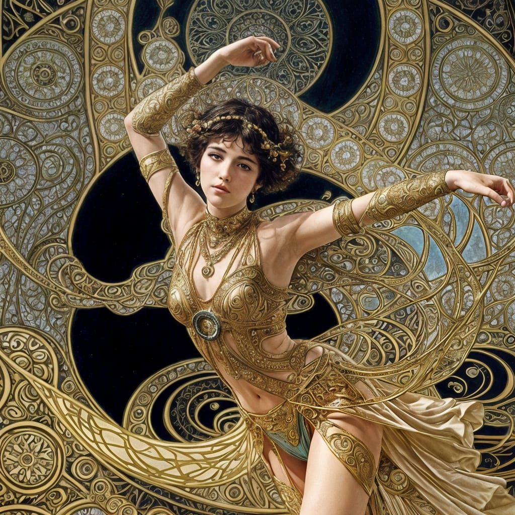 Art Nouveau Dancer with Fractal Curves