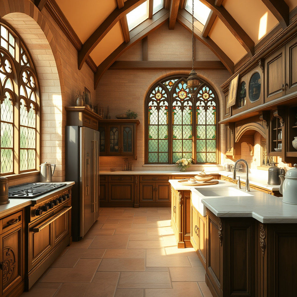 Cozy Fantasy Tudor Colonial Kitchen in Orange and White