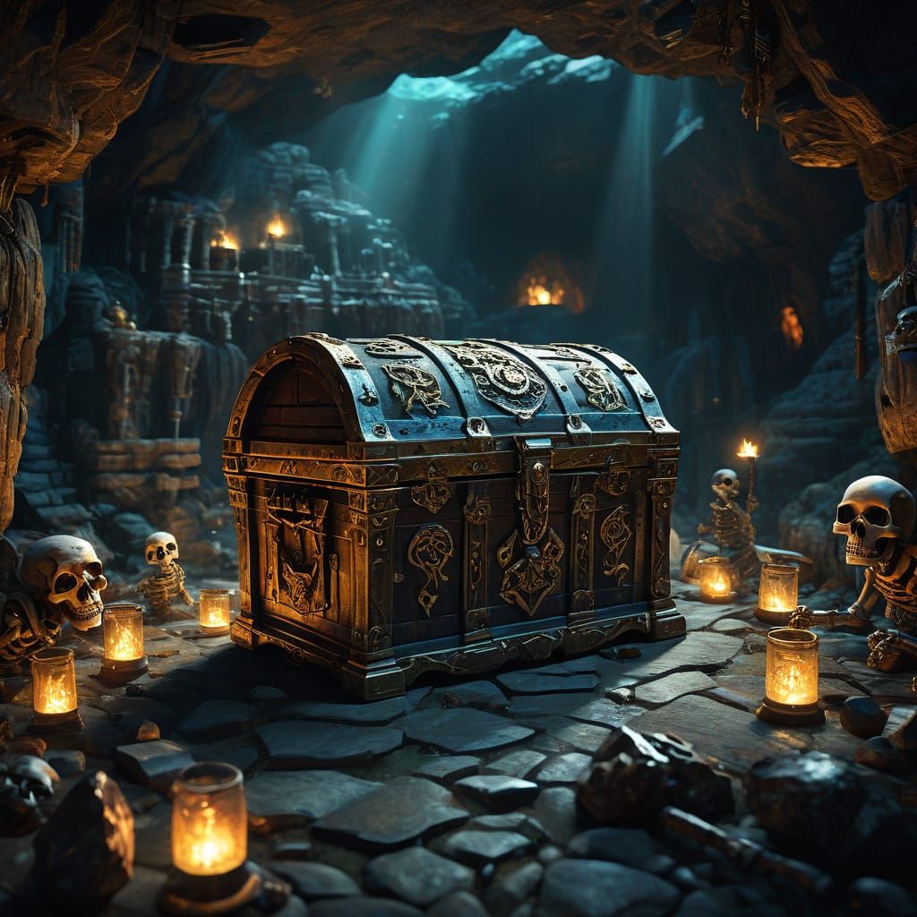 Skeletal Dance Around Treasure Chest in Cave