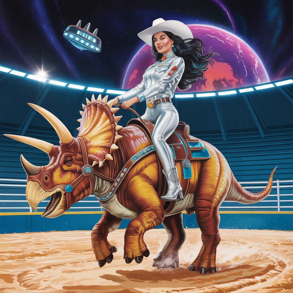 Cosmic Cowgirl Rides a Triceratops in Retro Illustration