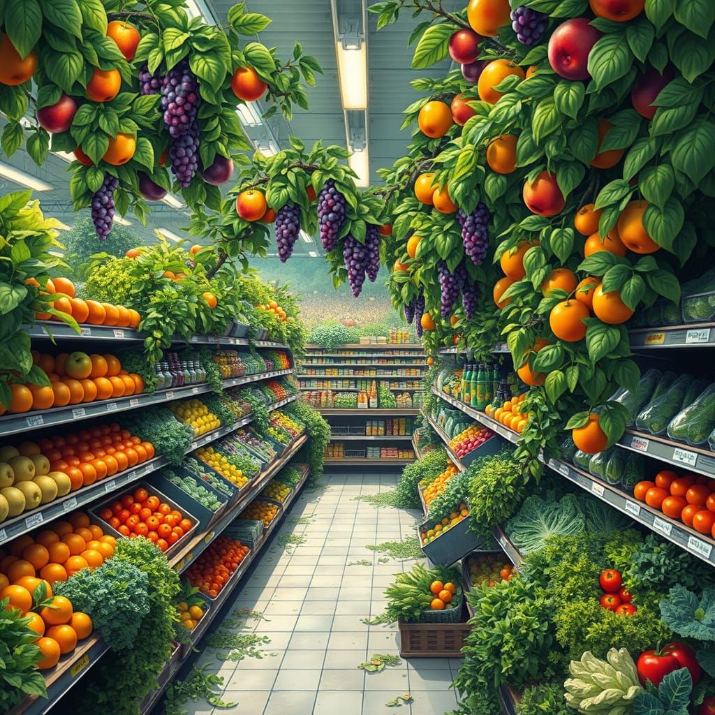 Vibrant Marketplace Whimsy in a Lush, Cyberpunk Greenhouse