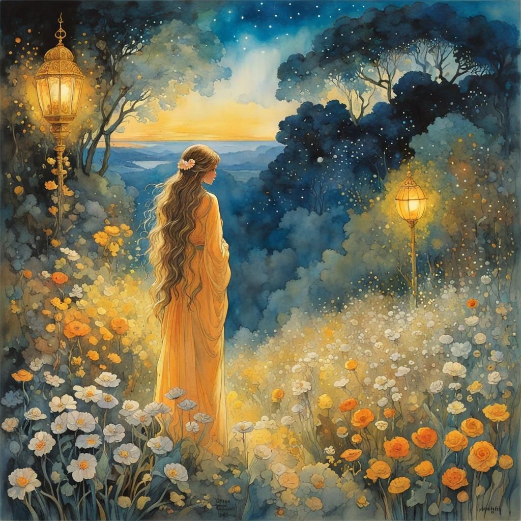 Ethereal Garden Scene in Watercolor Style