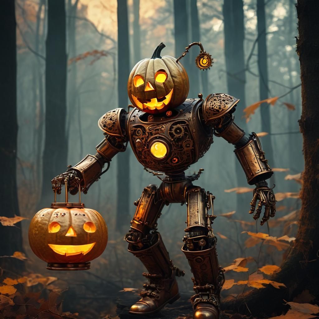 Steampunk Jack-o'-Lantern Dancing in Autumn Forest