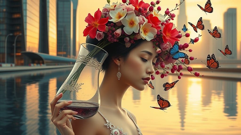 Asian Woman Transforms into Vibrant Floral Vessel in Urban O...