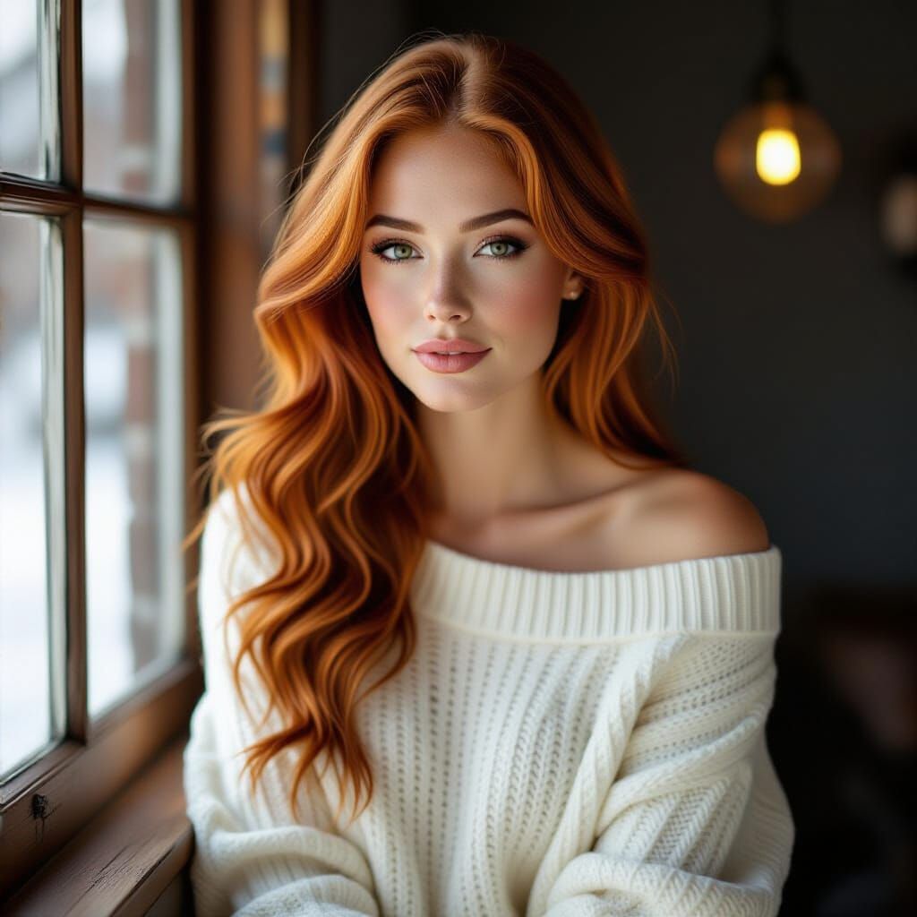 Full Body Portrait of Ginger Woman Looking Out Window