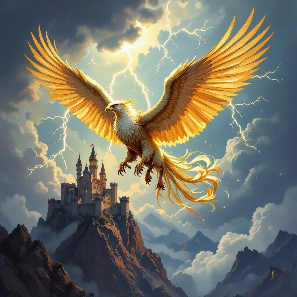 Griffin Soaring Through Stormy Sky: Fantasy Art