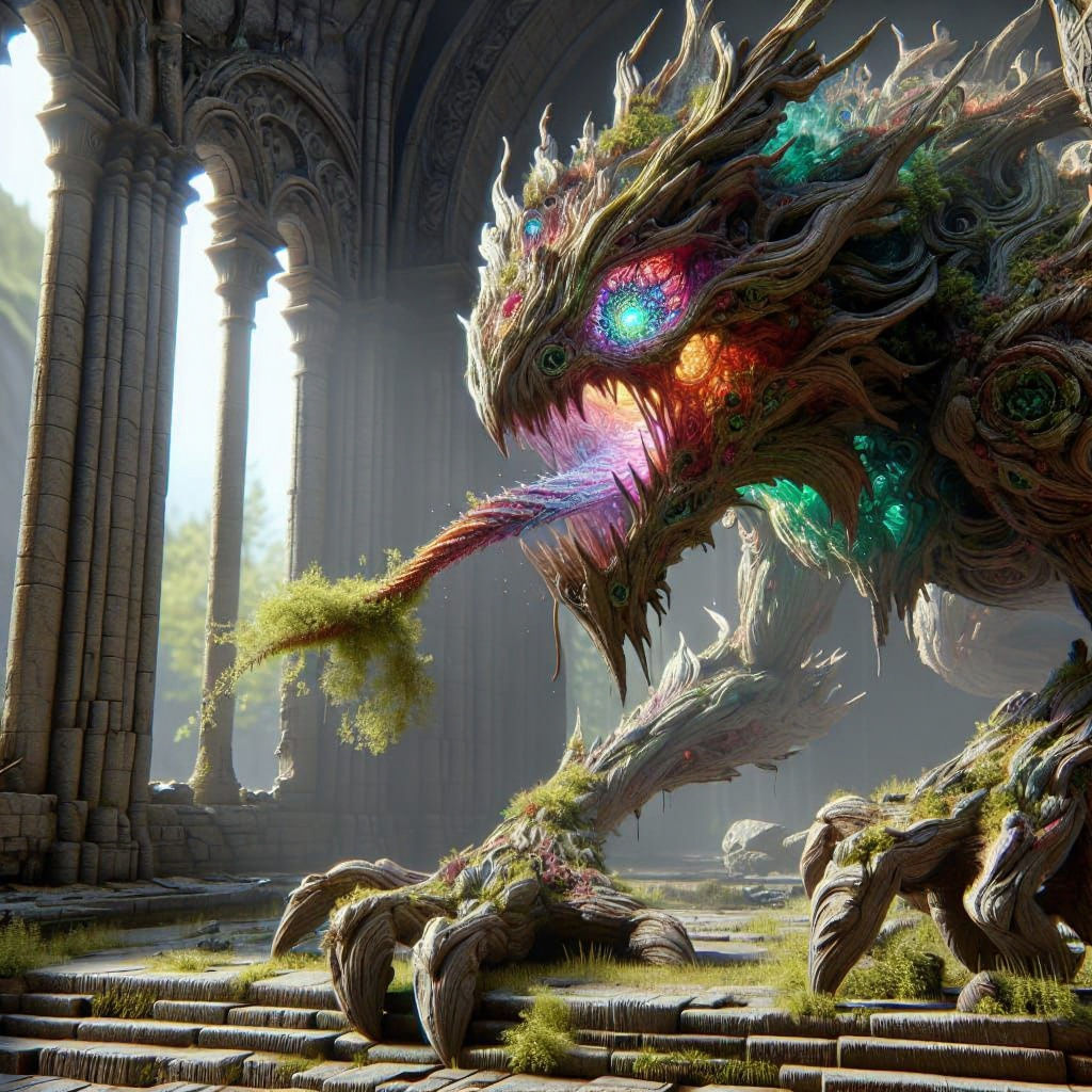 Fantastical Fractal Creature at Ruined Temple in Unreal Engi...