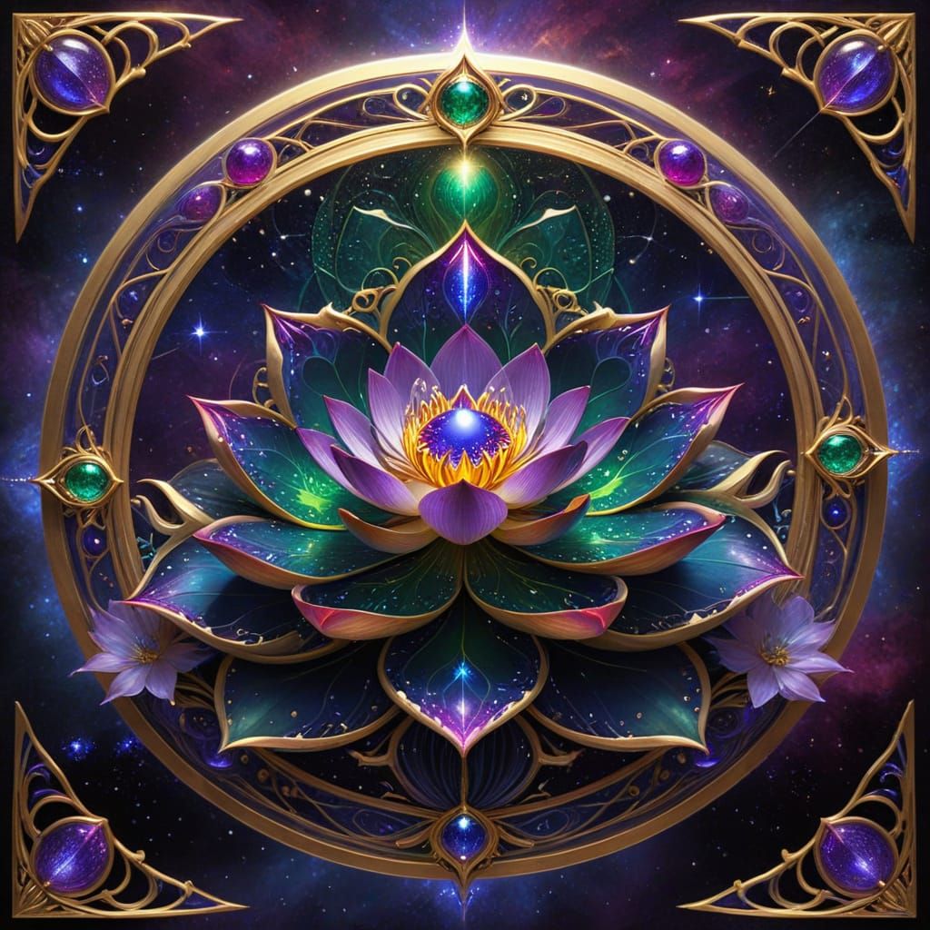 Cosmic Mandala with Lotus and Star Sapphire in Art Nouveau S...