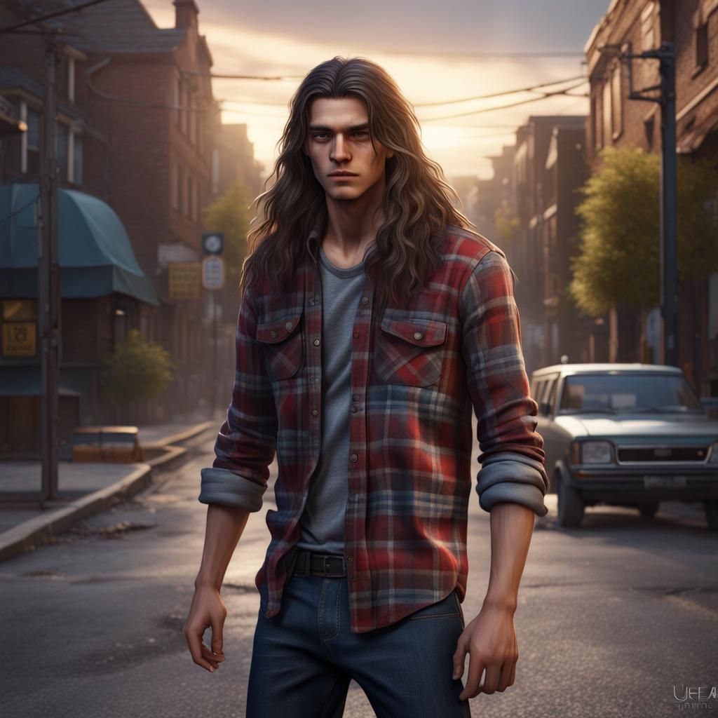 Teenager in Flannel Shirt: Detailed Matte Painting