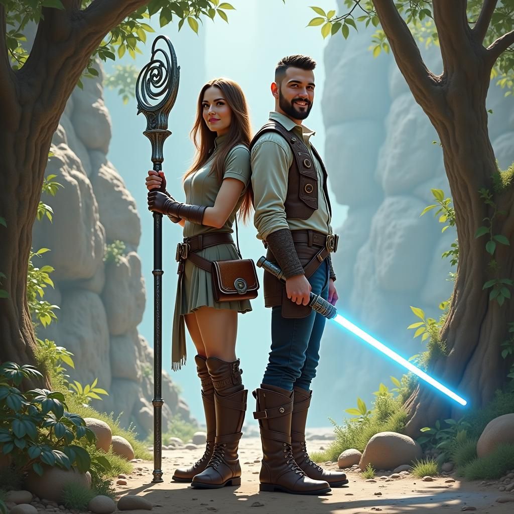 Fantasy Adventurer with Lightsaber in Hyper-Realistic Style