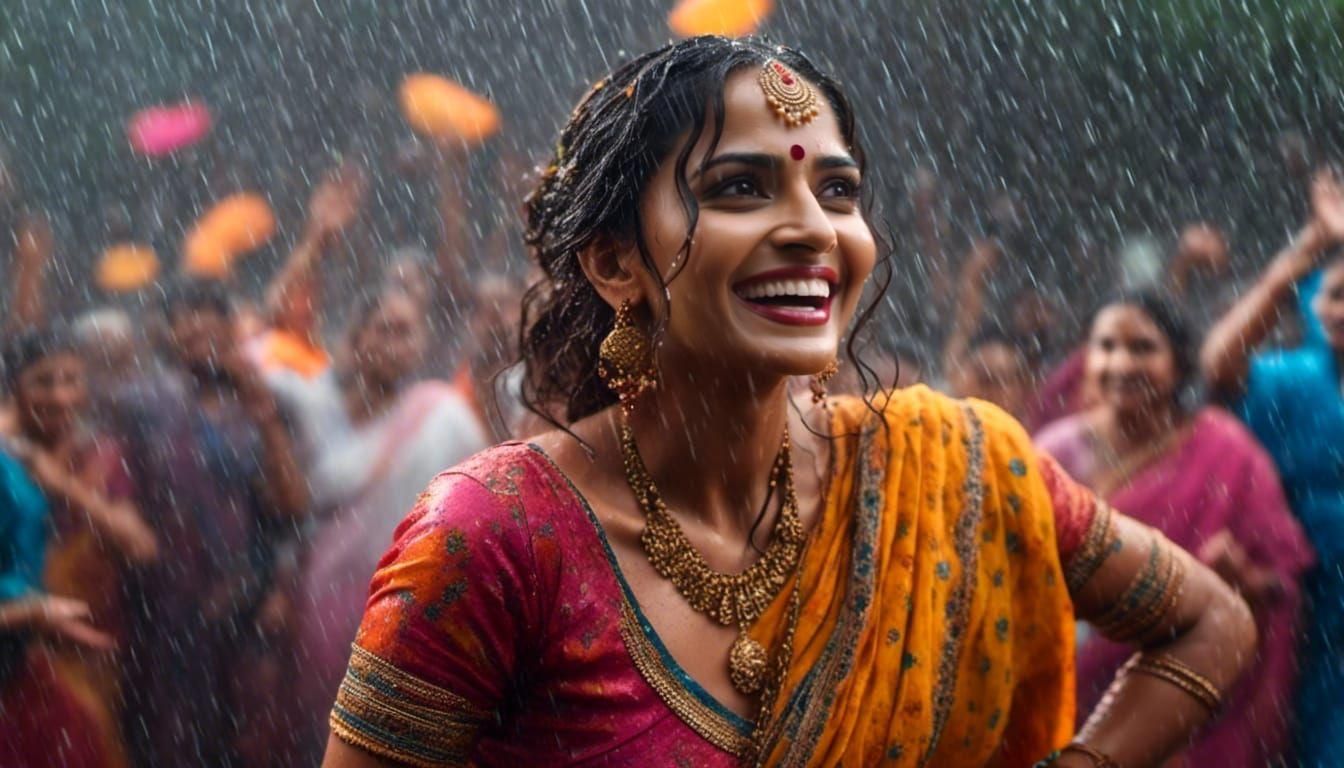 Bollywood Film Still of Woman Dancing in Rain