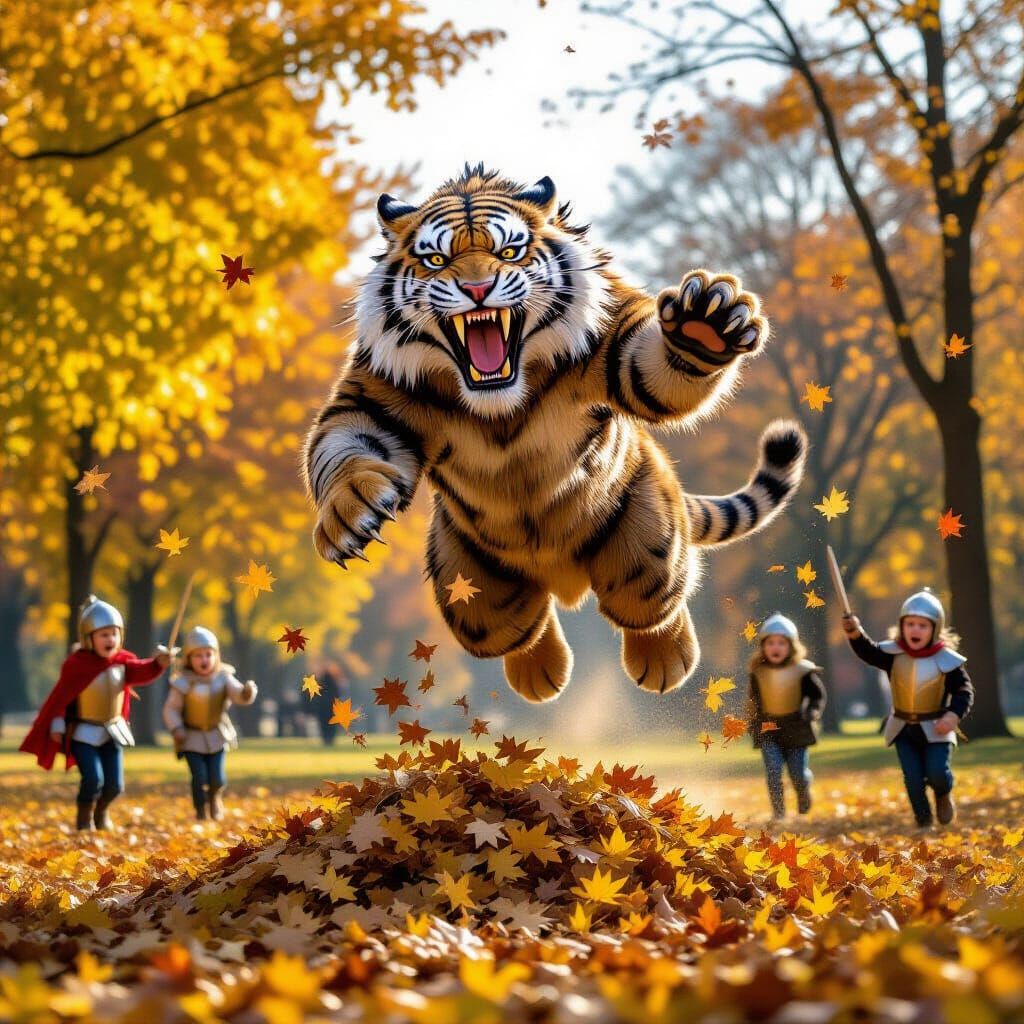 Joyful Sabre-Toothed Tiger Leaping Through Autumn Leaves