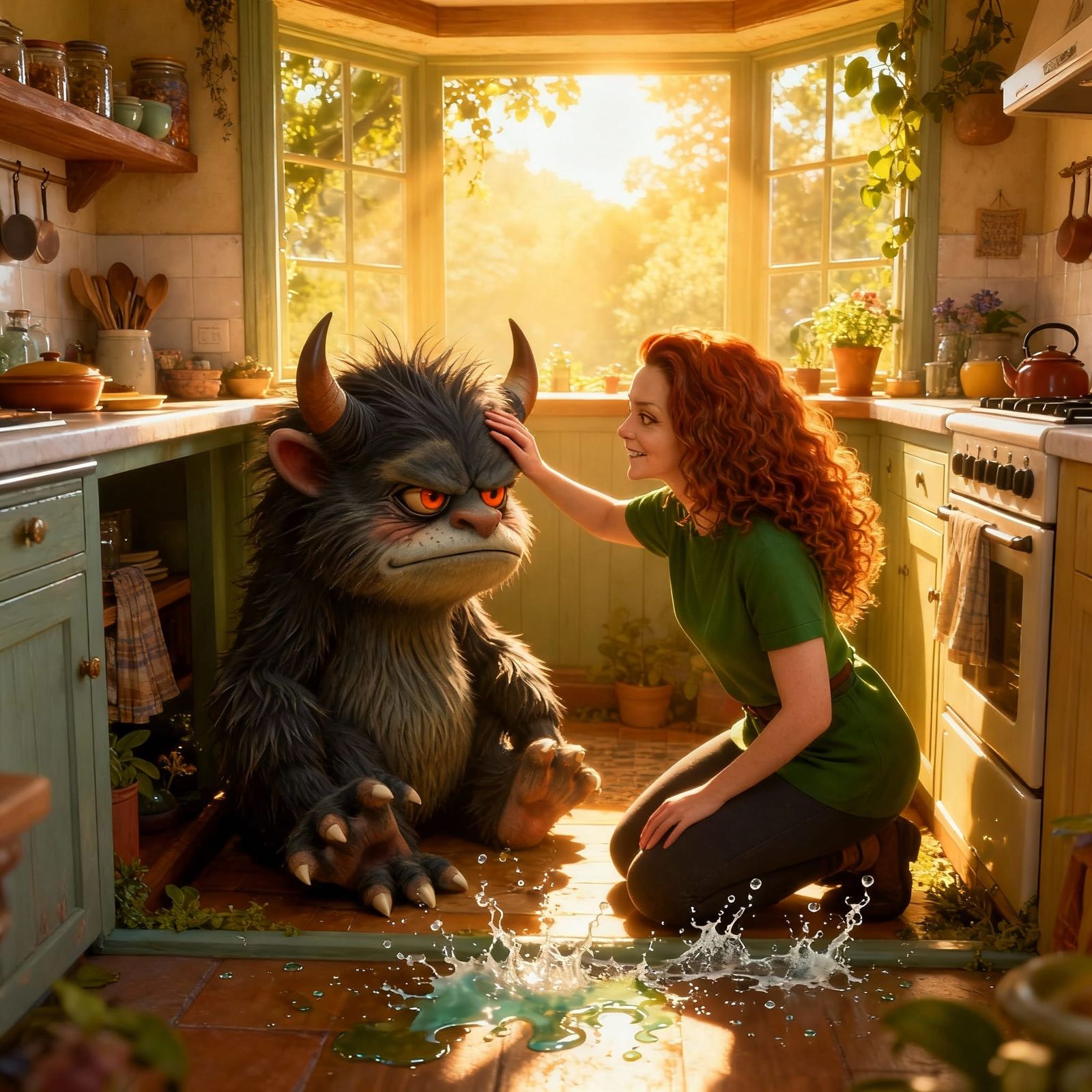 Grumpy Monster in Sunlit Kitchen Nook